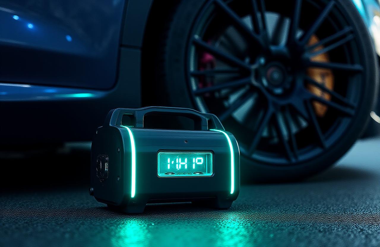 Compressore portatile Aura in uso notturno su un'auto sportiva